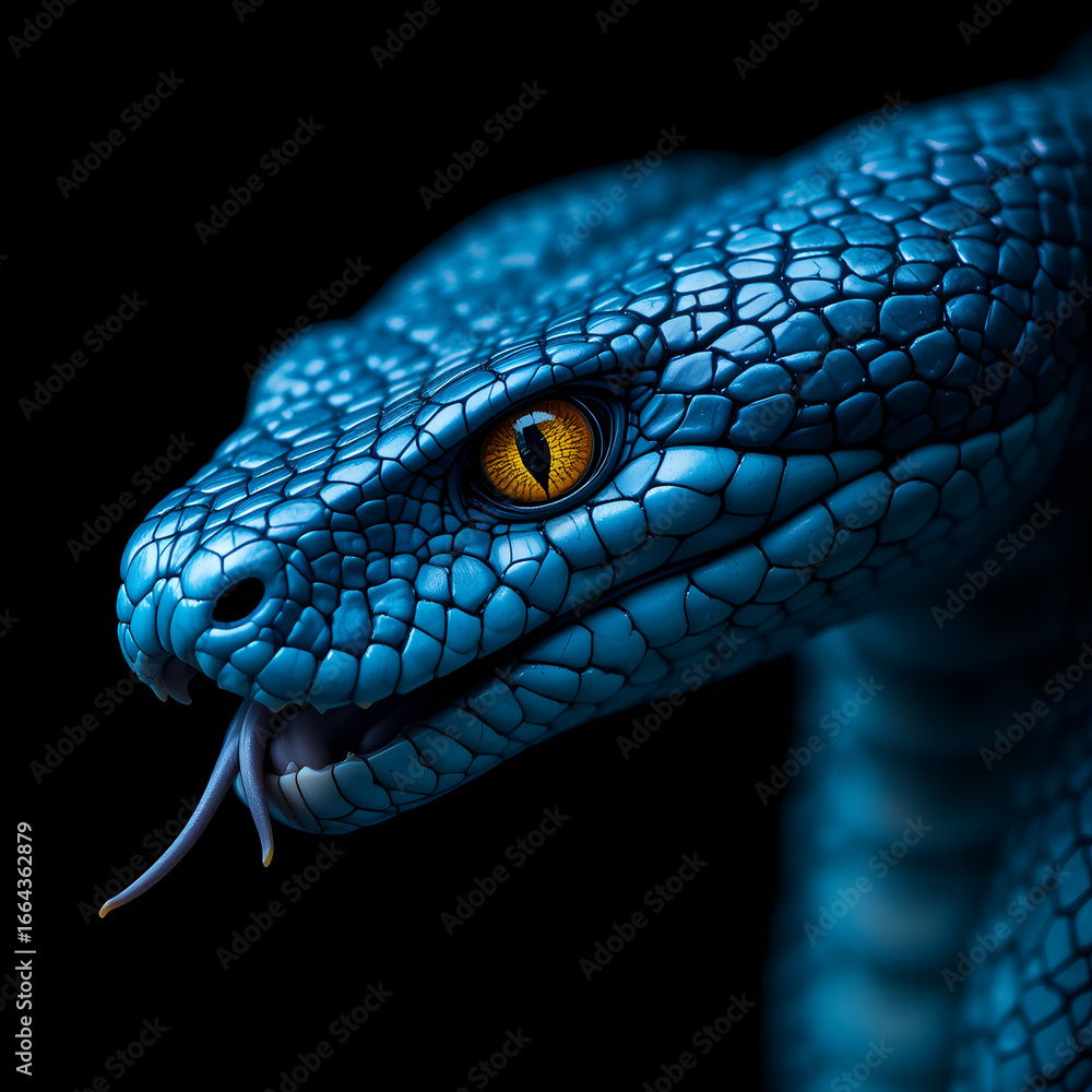 Fototapeta premium Ultra Detailed Blue Pit Viper Snake Macro Shot on Black Background