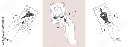 Set of magic witchcraft line art hands with tarot cards. Esoteric hand gesture logo. Vector illustration