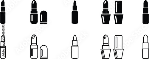Lipstick Icon Set, Collection and Group Black Cosmetic Makeup Tube, Beauty Product Symbol, Fashion Accessory Vector in Flat and Line Style for Glamour, Elegance, Salon and Stylish Design