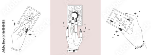 Set of magic witchcraft line art hands with tarot cards. Esoteric hand gesture logo. Vector illustration