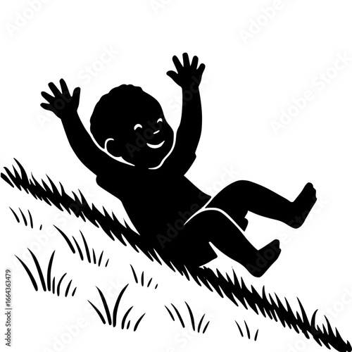 Joyful baby sliding down a grassy slope with a clear background