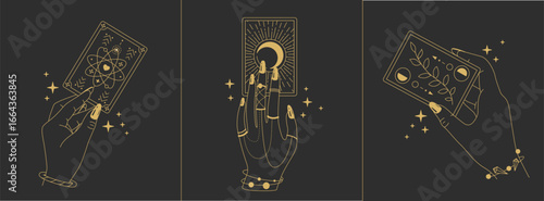 Set of magic witchcraft line art hands with tarot cards on black background. Esoteric hand gesture logo. Vector illustration