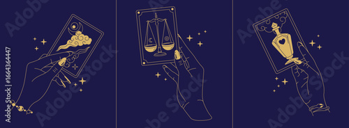 Set of magic witchcraft line art hands with tarot cards. Esoteric hand gesture logo. Vector illustration