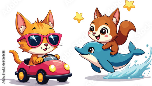 Cool cat driving car and puppy riding dolphin, cute animal friends