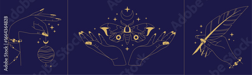 Set of magic witchcraft line art hands with tarot cards. Esoteric hand gesture logo. Vector illustration
