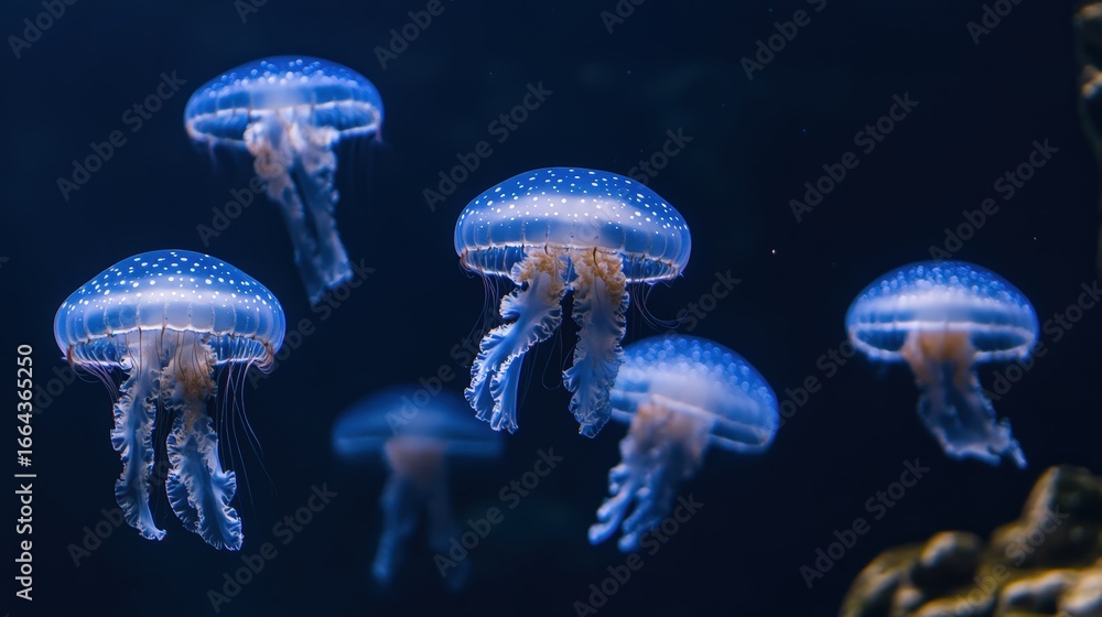 Obraz premium Graceful white spotted jellyfish glowing in dark water