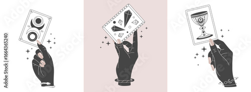 Set of magic witchcraft line art hands with tarot cards. Esoteric hand gesture logo. Vector illustration