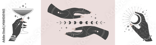 Set of magic witchcraft line art hands with tarot cards. Esoteric hand gesture logo. Vector illustration
