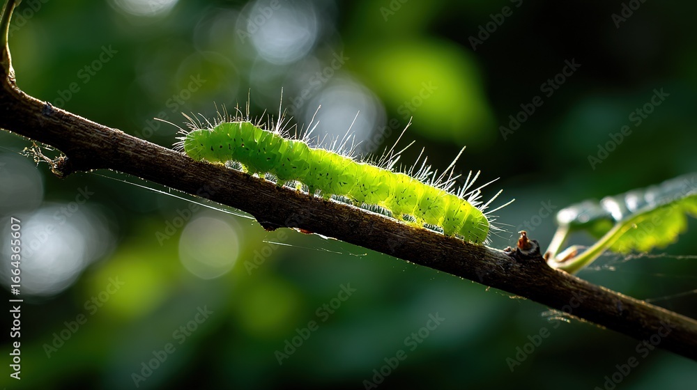 Naklejka premium Green caterpillar on branch against blurred tree background
