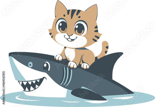 Cute kitten riding a shark, funny ocean adventure cartoon for kids