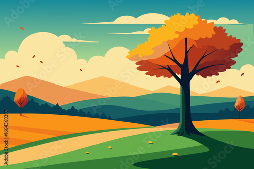 Vibrant autumn landscape with rolling hills and colorful trees under a cloudy sky