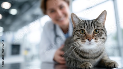 A friendly veterinarian smiles behind a well-groomed tabby cat. The image captures the bond between pets and their caregivers in a warm clinic setting. Perfect for animal lovers. AI