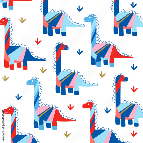 brontosaurus dinosaur colorful vector cartoon seamless pattern design for kids apparel fullprint fabric