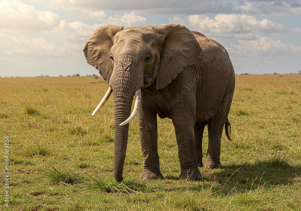 Fototapeta premium Majestic African elephant standing in the golden savanna, wild bull elephant with large tusks in a grassy field, safari wildlife animal photography