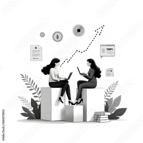 Collaborative Growth: Two figures are engrossed in their work, strategically plotting a course for success, complemented by visual representations of financial growth.