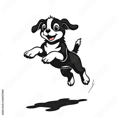 Playful Pup: A happy pup, with its striking black and white markings, joyfully leaps in the air, its playful shadow mirroring its cheerful exuberance.