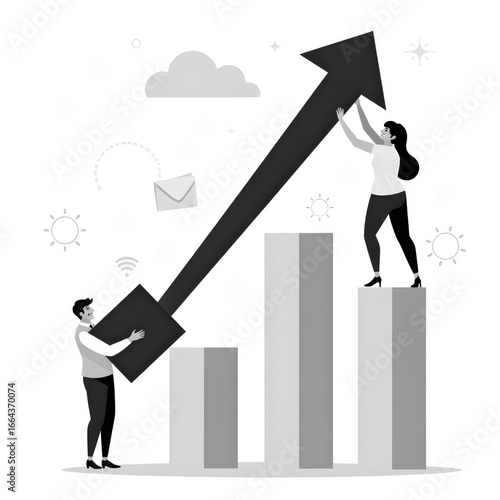 The Ascent: Illustrated depiction of two figures collaborating to propel an upward-trending arrow, symbolizing growth and progress in a corporate context.