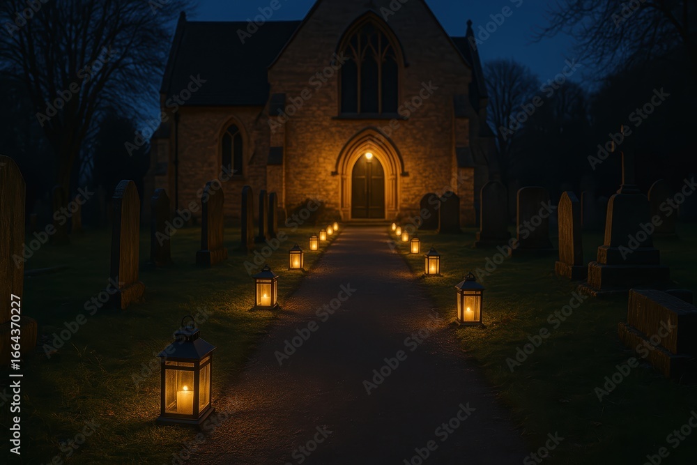 Fototapeta premium Cemetery Path Lit By Lanterns At Night. Church Entrance Glows In Background