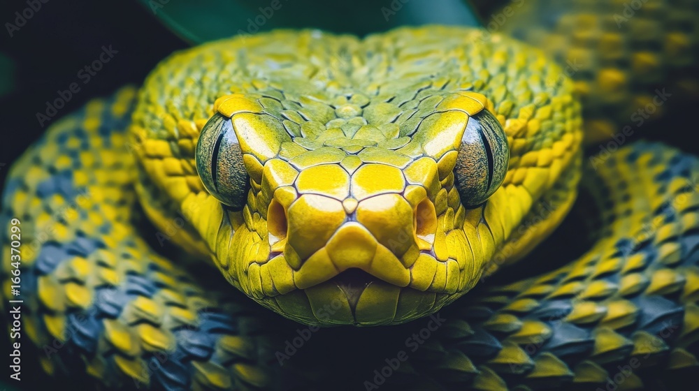 Obraz premium Vibrant green and yellow pit viper snake close up portrait