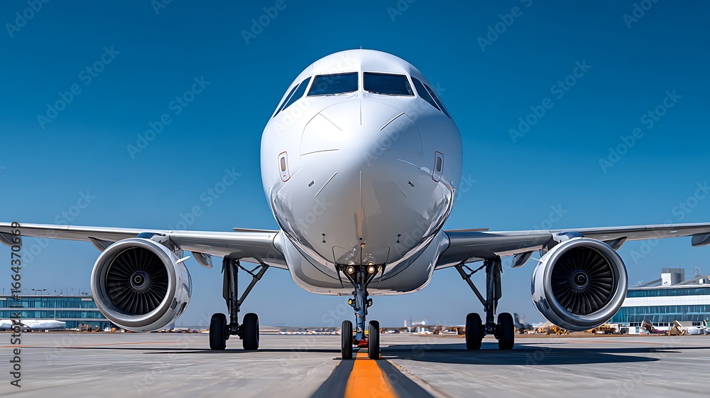 Naklejka premium Airplane Nose And Engines, Standing Still On Runway Under Bright Sunlight, Cockpit Windows Crystal Clear, Minimalistic Background With Clean Blue Sky, Perfect For Adver