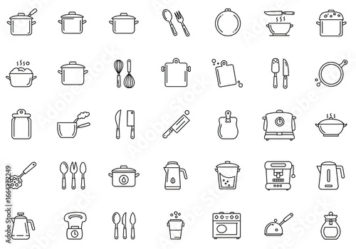 A comprehensive set of line art icons depicting various kitchen utensils, cookware, and cooking appliances.
