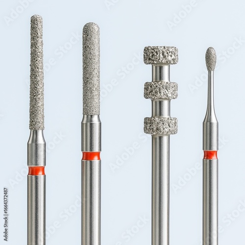 Diamond burr drill bits set with red ring for precision grinding, engraving, polishing and dental or manicure use
