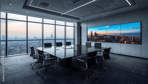 A conference room with a large table and chairs overlooking a city skyline at dusk and a video wall