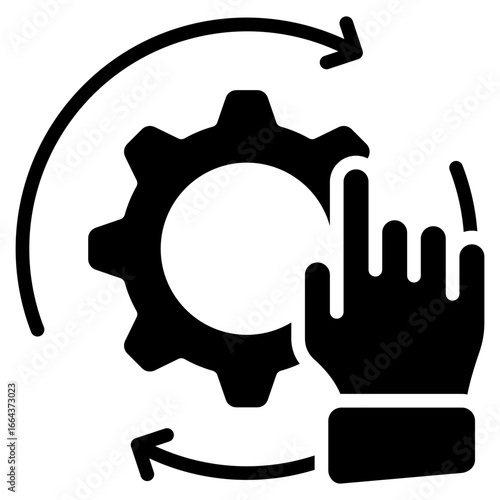 Process Control Glyph Black Silhouette Icon Design Vector - Gear with hand and arrows, representing process control, workflow management, or system adjustment