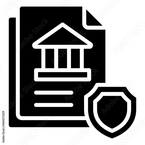 Legal Protection Glyph Black Silhouette Icon Design Vector - Document with courthouse icon and shield, representing legal protection, security, and official safeguarding