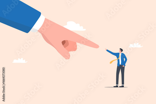 Businessman Pointing Back at Giant Hand with Pointing Finger, symbolizing conflict, blame, or disagreement in business decisions