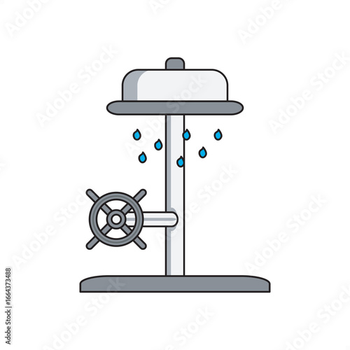 Emergency safety shower vector illustration with valve and water droplets. Industrial safety equipment, laboratory protection, chemical workplace safety, and hygiene emergency icon in flat design.
