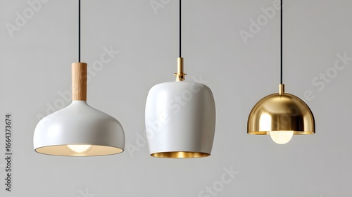 Elegant Modern Pendant Lights in White and Gold Hanging Against a Soft Gray Background