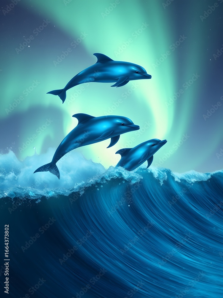Naklejka premium Three dolphins leaping over ocean wave against aurora borealis northern lights