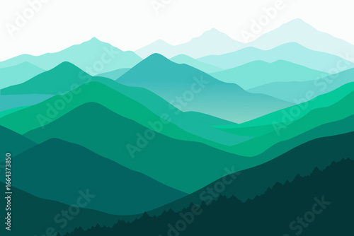 Abstract layered green mountains and forest silhouette under a clear sky