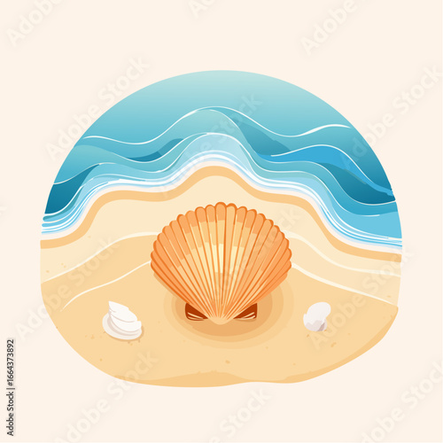 Seashell On Sandy Beach With Ocean View Illustration