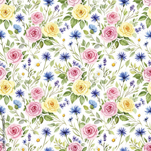 Seamless Pattern, Seamless floral pattern with pink and yellow roses and blue cornflowers design Stock royalty free