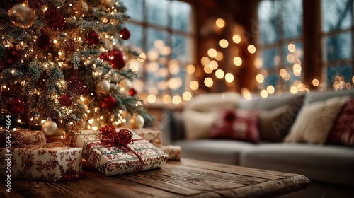Beautiful Christmas tree decorated with glowing lights and red ornaments beside a cozy sofa, with wrapped presents placed on a rustic wooden table in a warmly lit living room