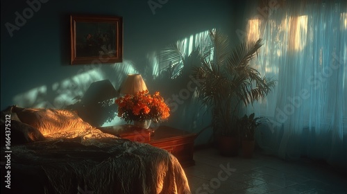   A tidy bedroom featuring a well-made bed, a floral vase on a table, and a wall painting