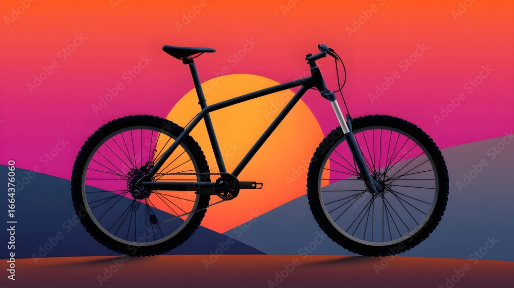 Fototapeta premium Silhouette of a Mountain Bike Against a Vibrant Sunset with Neon Colors and Geometric Shapes