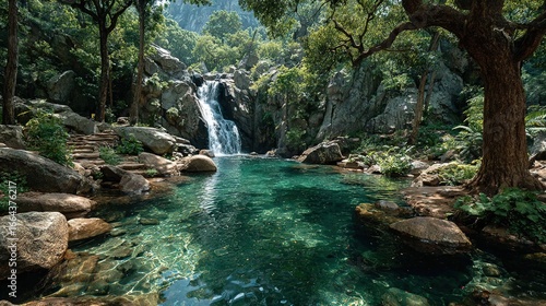   A waterfall cascades through a lush green landscape, surrounded by rock formations and towering trees