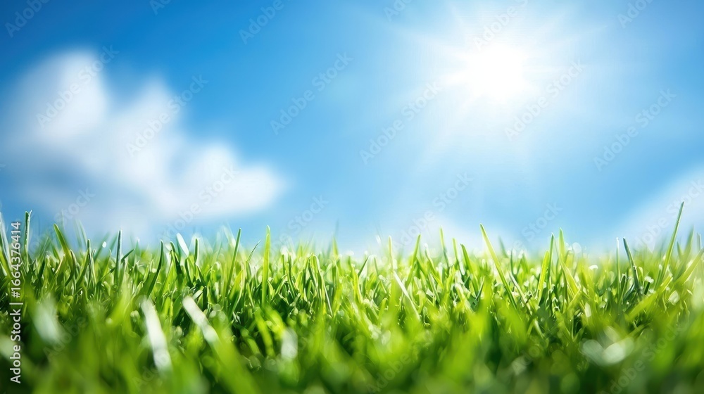 Fototapeta premium Lush Green Lawn under Bright Sunlight Wide view of a perfectly manicured lawn under a sunny sky, highlighting its lush texture and vibrant energy.