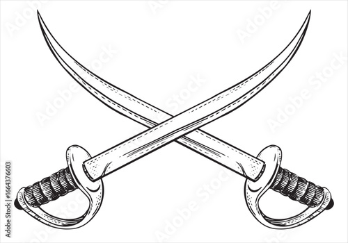 Two crossed curved arabic sword. Cold weapon. Vector sketch of pirate sabre in engraving technique. Corsair's broadsword with a narrow blade. Linear drawing on white background. Imitation of engraving
