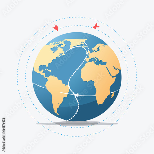 Global Network Map Illustration With Colorful Globe And Red Airplanes