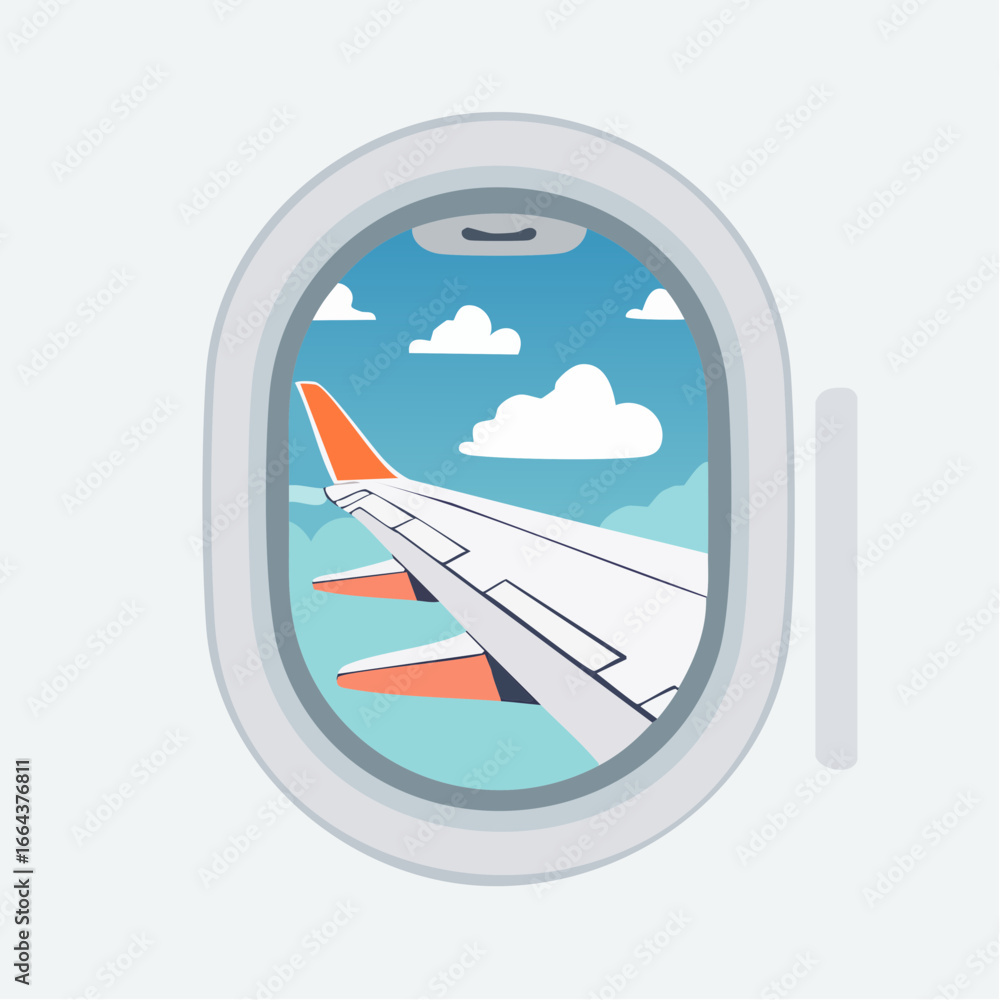 Obraz premium Airplane Window View With Wing And Blue Sky