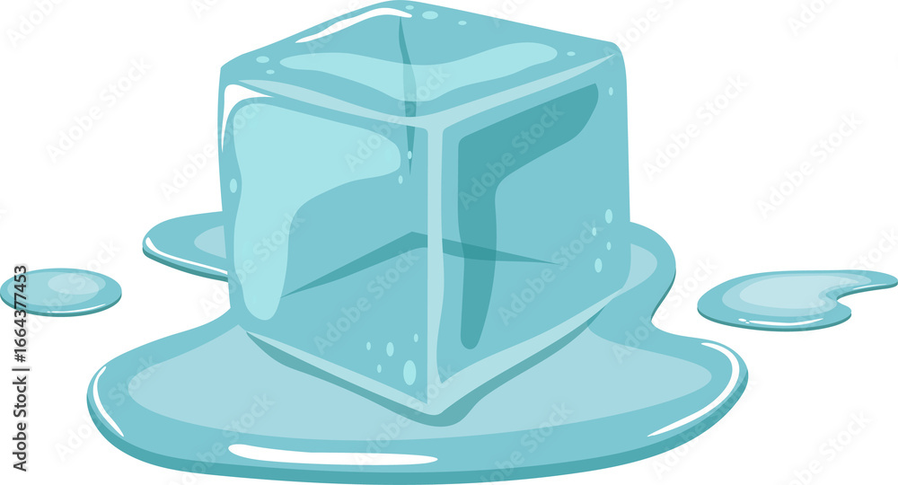 Cartoon ice cube melting into a puddle. The cube is mostly intact, but surrounded by water. Cartoon ice cube melting into a puddle. The cube is mostly intact, but surrounded by water.