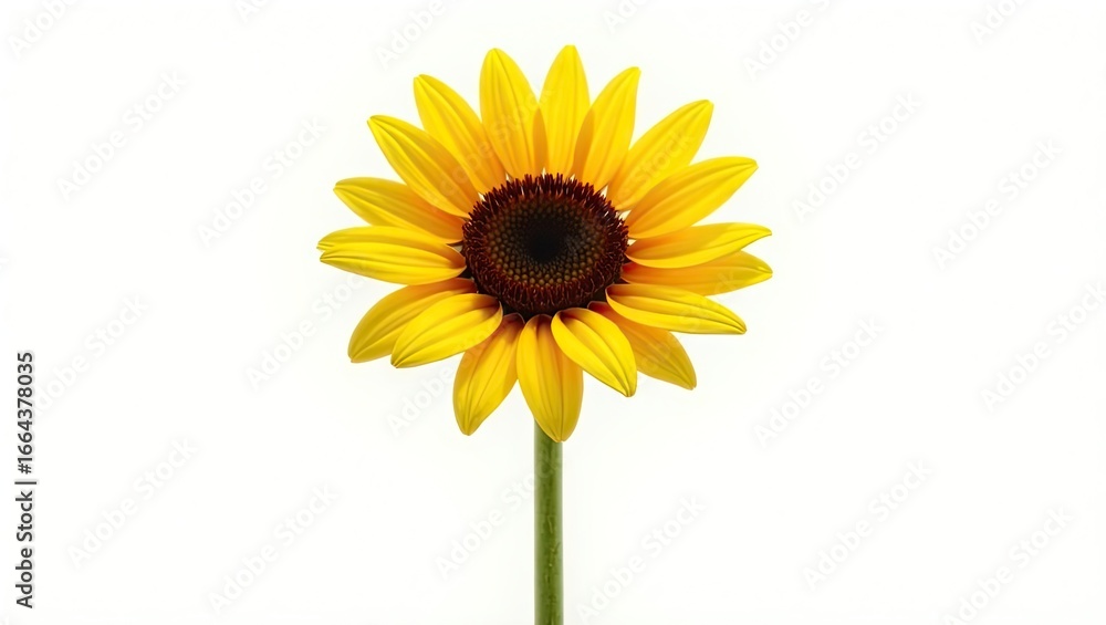 Naklejka premium A bright yellow sunflower with dark brown center stands out against a plain white backdrop.