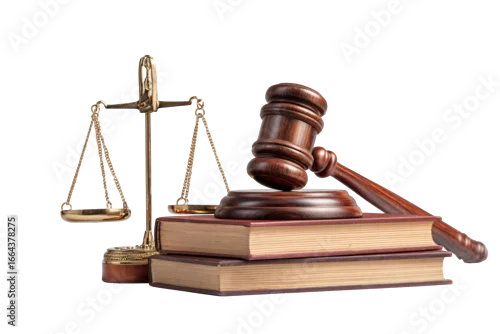 Obraz Justice scales and gavel on law books symbolize legal decisions and fairness
