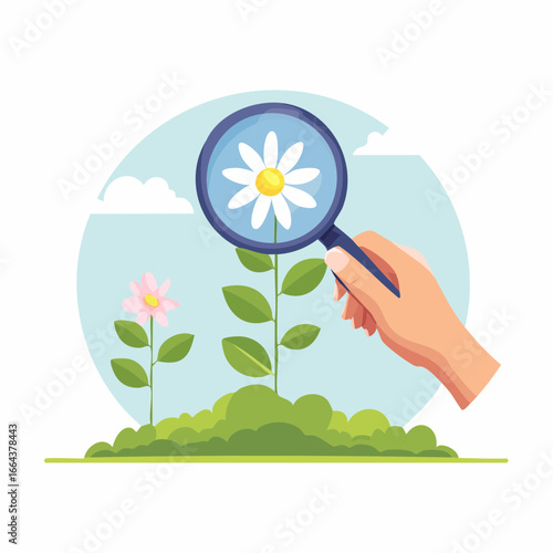 Hand Holding Magnifying Glass Examining Flower