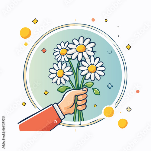 Hand Holding Bouquet Of White Daisies Illustration