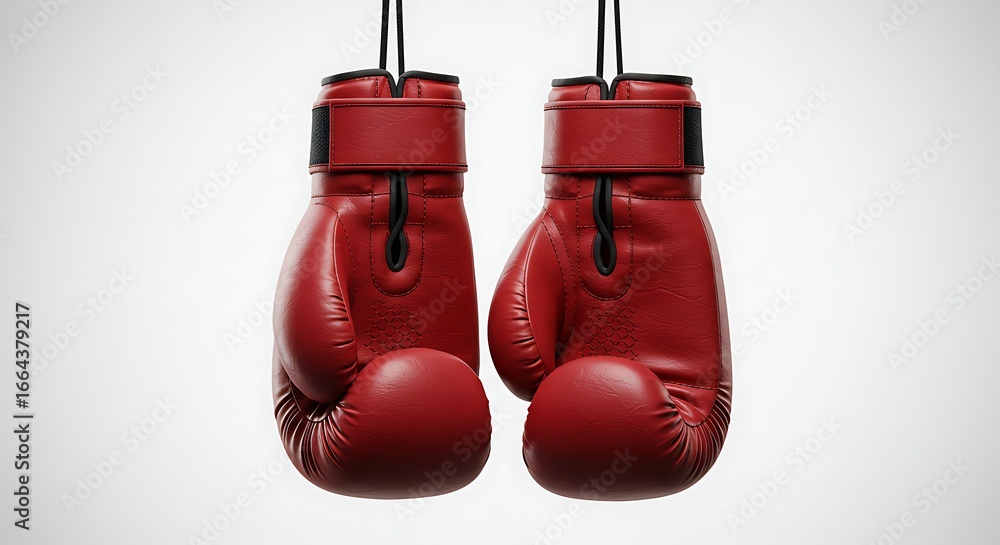 Fototapeta premium Red Boxing Gloves Hanging Together Against a White Background Ready for a Fight or Training Session